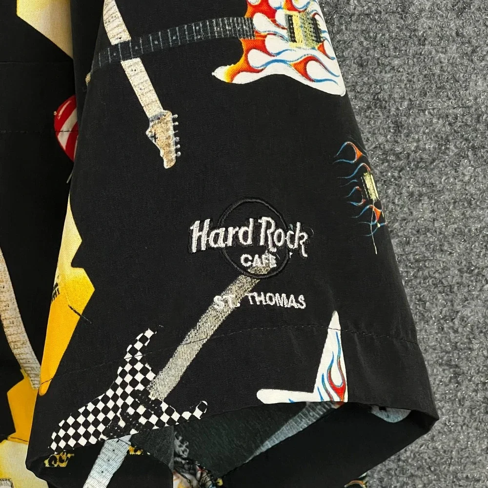 Mens VTG Dragonfly Clothing Co. Hard Rock St Thomas AOP Guitar Camp Shirt Size M - Picture 2 of 13